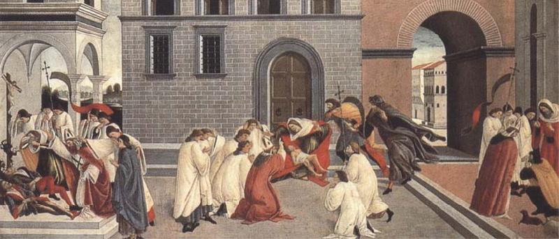 Sandro Botticelli Three Miracles of St Zanobius:driving the demon out of two youths,reviving a dead child,restoring sight to a blind man Germany oil painting art